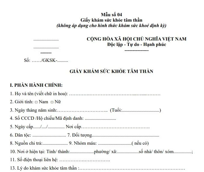 Mẫu Giấy khám sức khỏe tâm thần mới nhất từ 15/8/2026